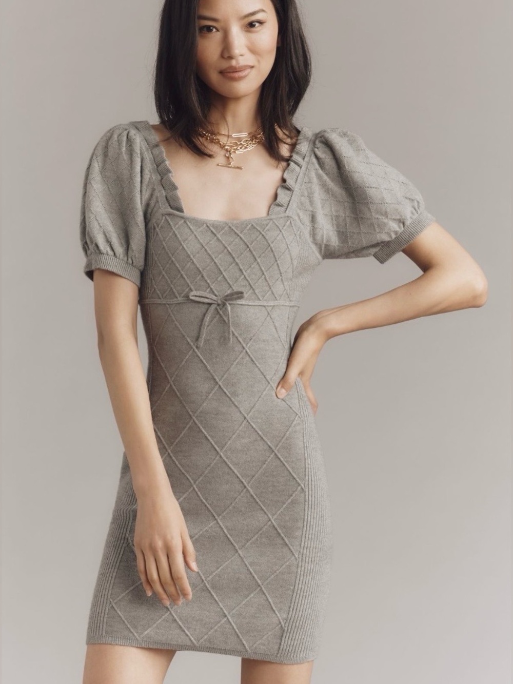 Anthropologie Puff-Sleeve Crosshatch Sweater Dress Large NWT Runs small